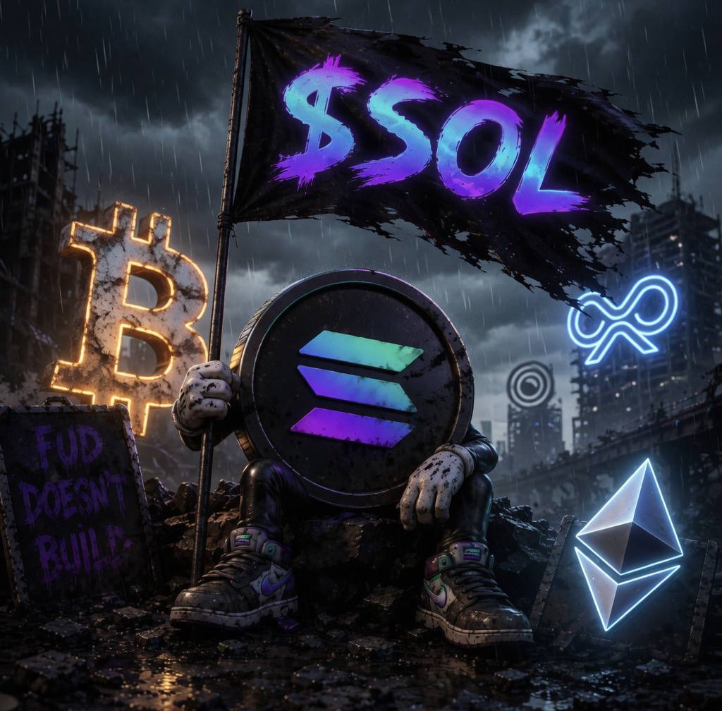 $SOL coin warrior holding torn flag in neon dystopian city